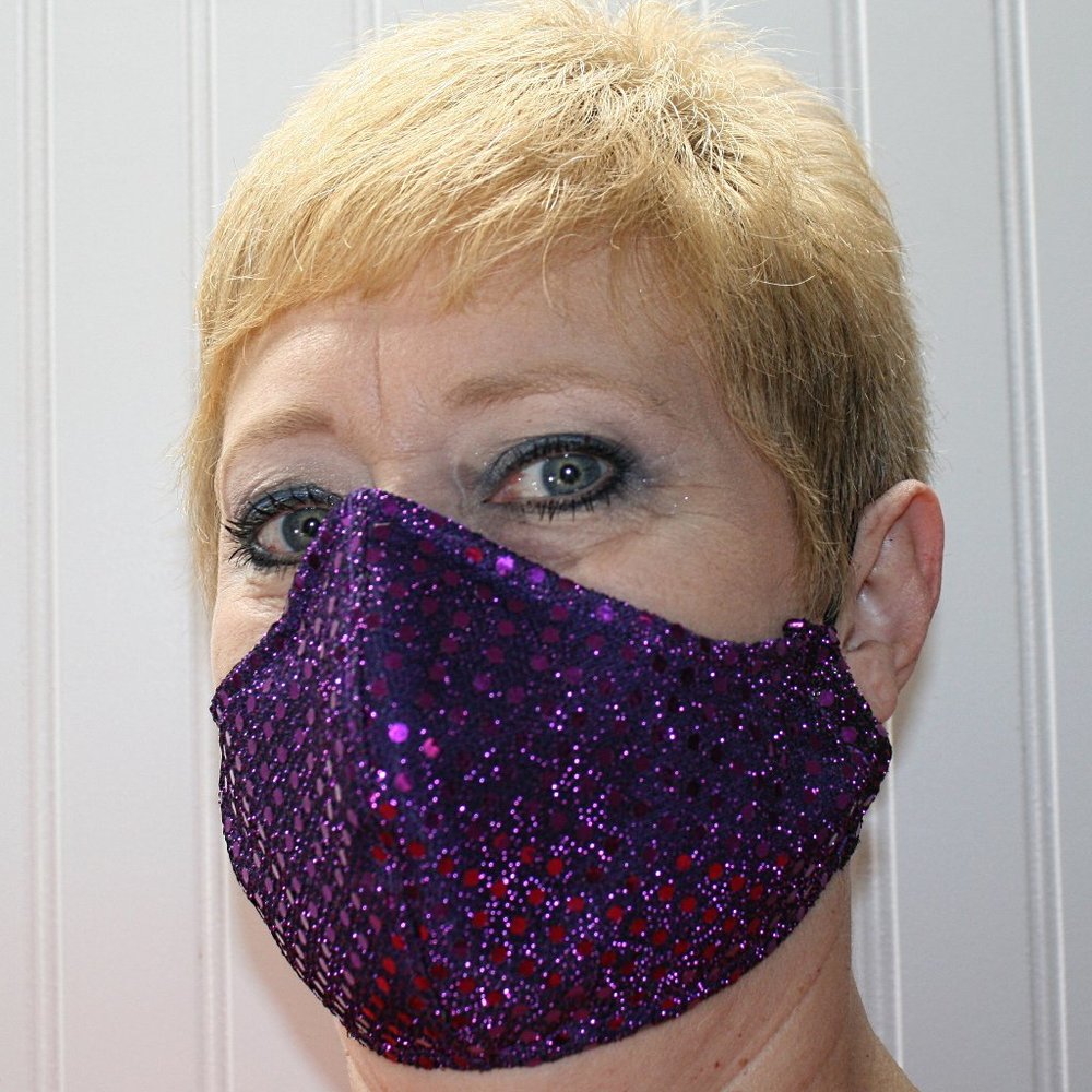 HAND CRAFTED Face Mask Purple Confetti Dot Sequin - Adult - Shield Style